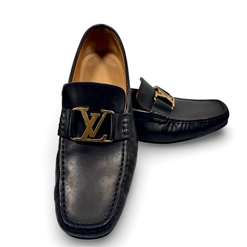 Louis Vuitton LV Logo Leather Loafers Black Gold Hardware Mens Size UK7/US 8